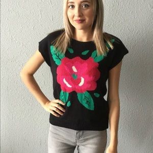 Vintage Black Floral Boho Sweater Vest